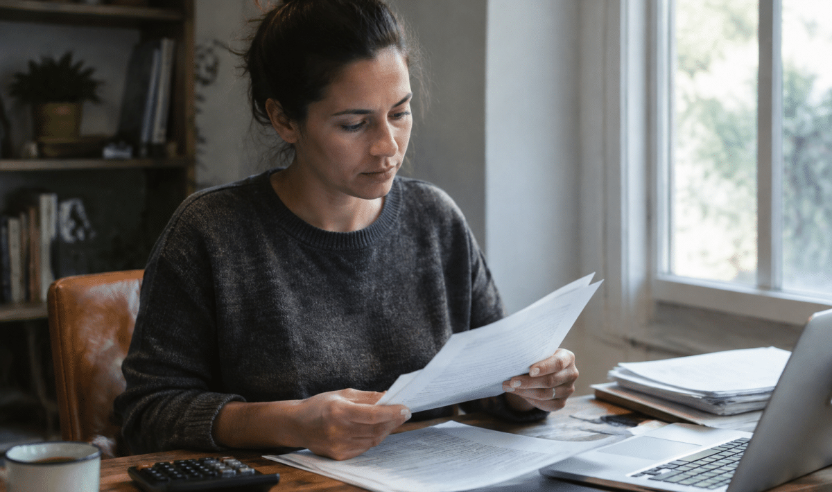 Personne assise a un bureau tenant des documents fiscaux