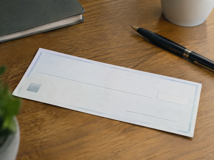 Cheque administratif blanc signe pose sur bureau