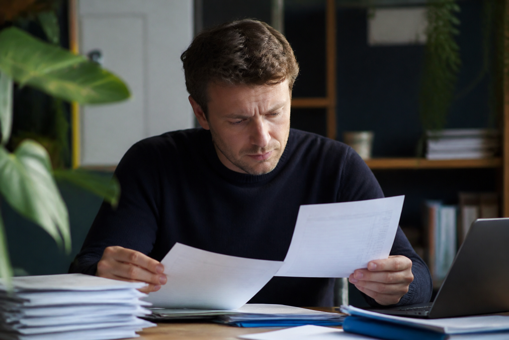 Professionnel examinant factures bilans et documents comptables