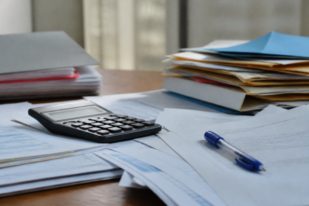 Documents administratifs cotisations avec calculatrice et stylo bleu