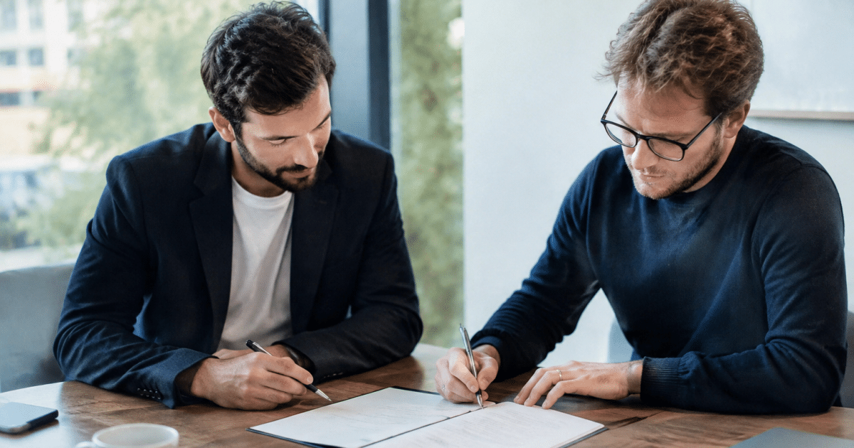 Deux entrepreneurs signant documents ensemble autour table bureau