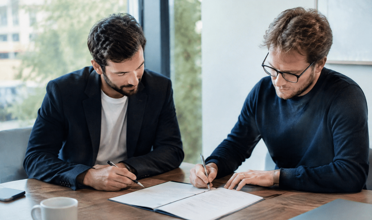 Deux entrepreneurs signant documents ensemble autour table bureau