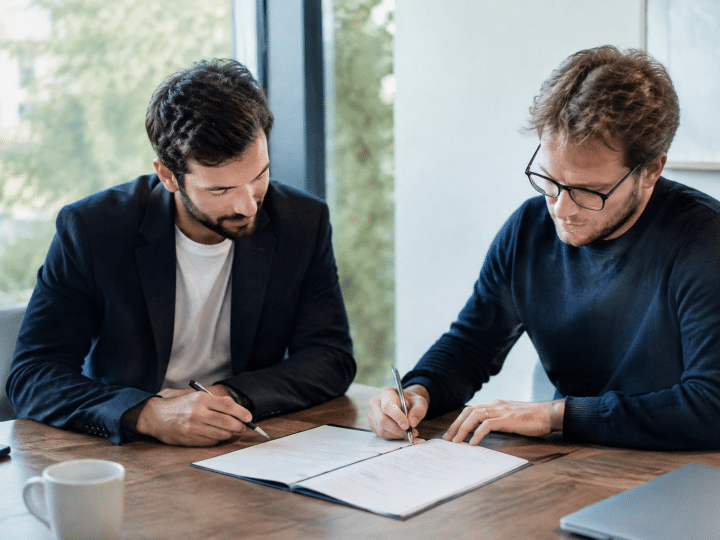 Deux entrepreneurs signant documents ensemble autour table bureau