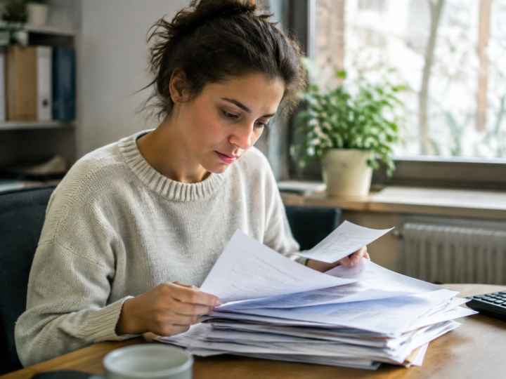 Personne assise bureau examinant factures comptabilite papier
