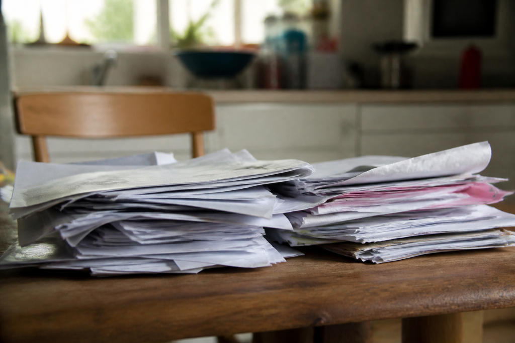 Piles de factures et documents sur plan travail
