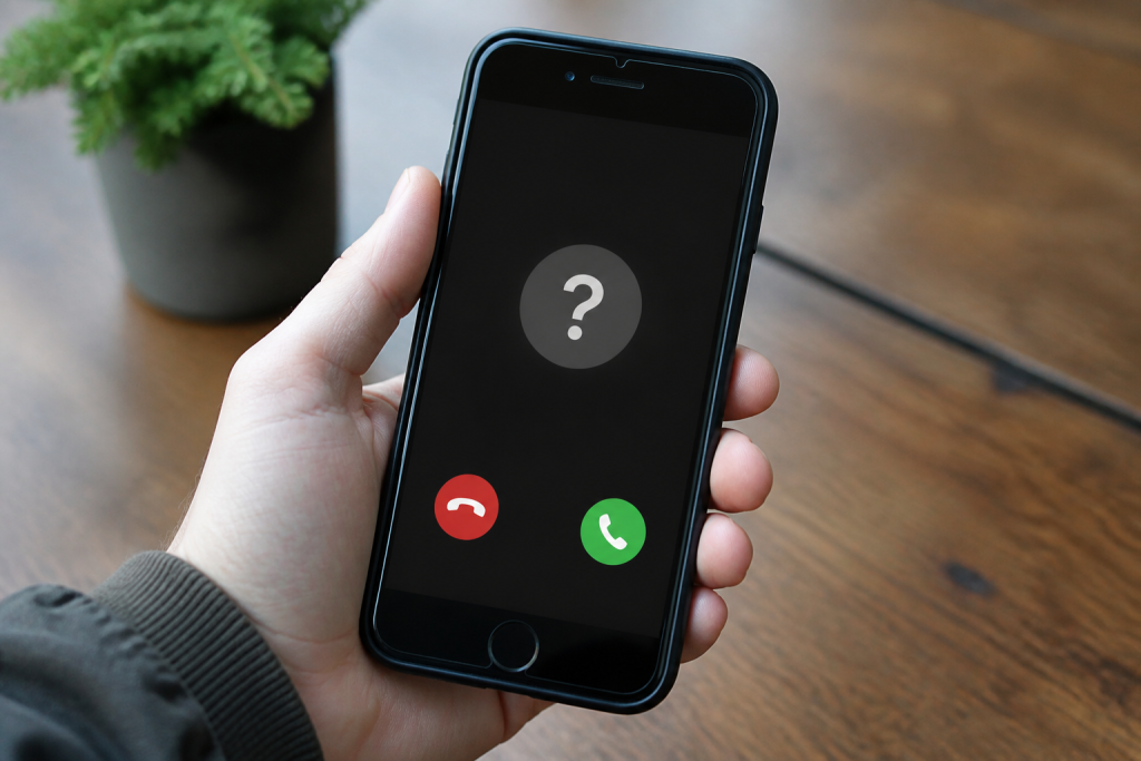 Smartphone affichant appel inconnu avec point interrogation