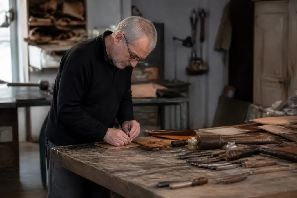 Artisan seul dans un atelier avec outils sur l'etabli