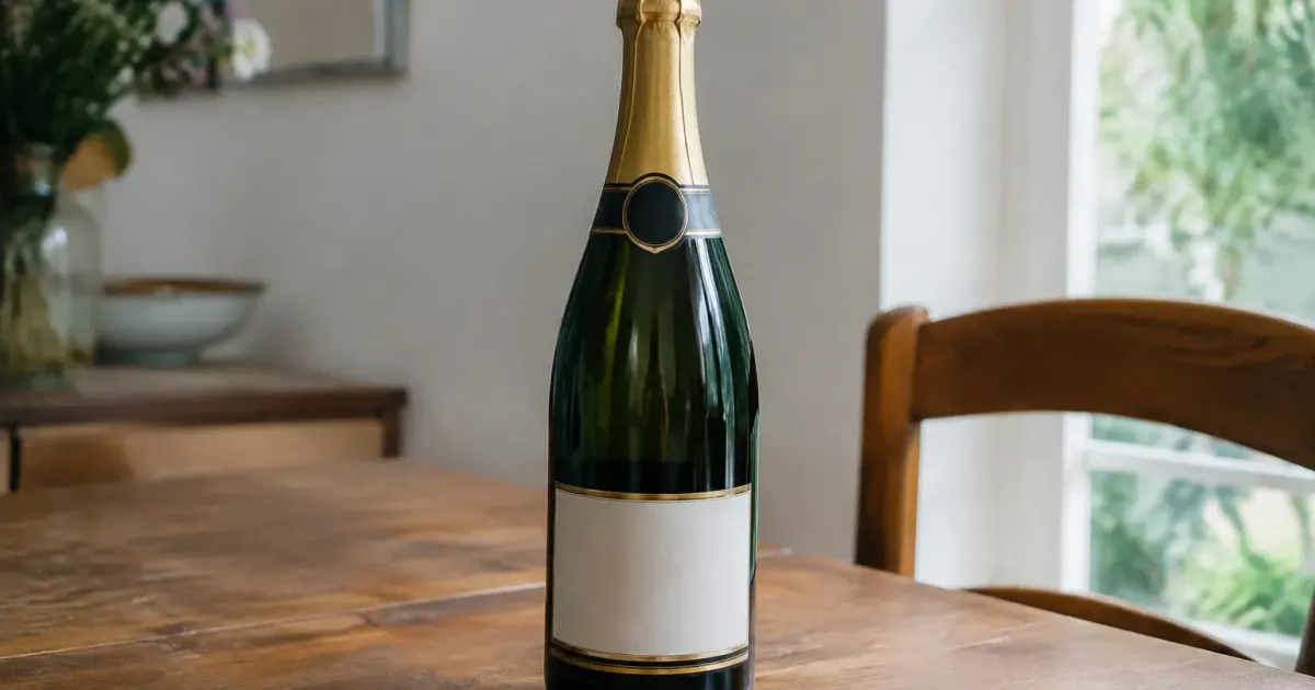 Bouteille de champagne debout sur une table en bois