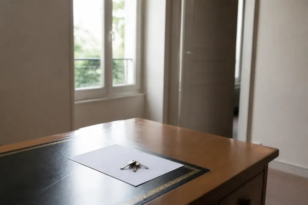 Bureau vide avec cles posees sur un contrat papier