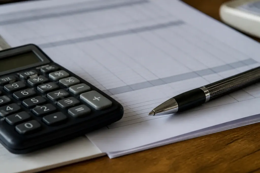 Calculatrice et stylo sur un bilan comptable