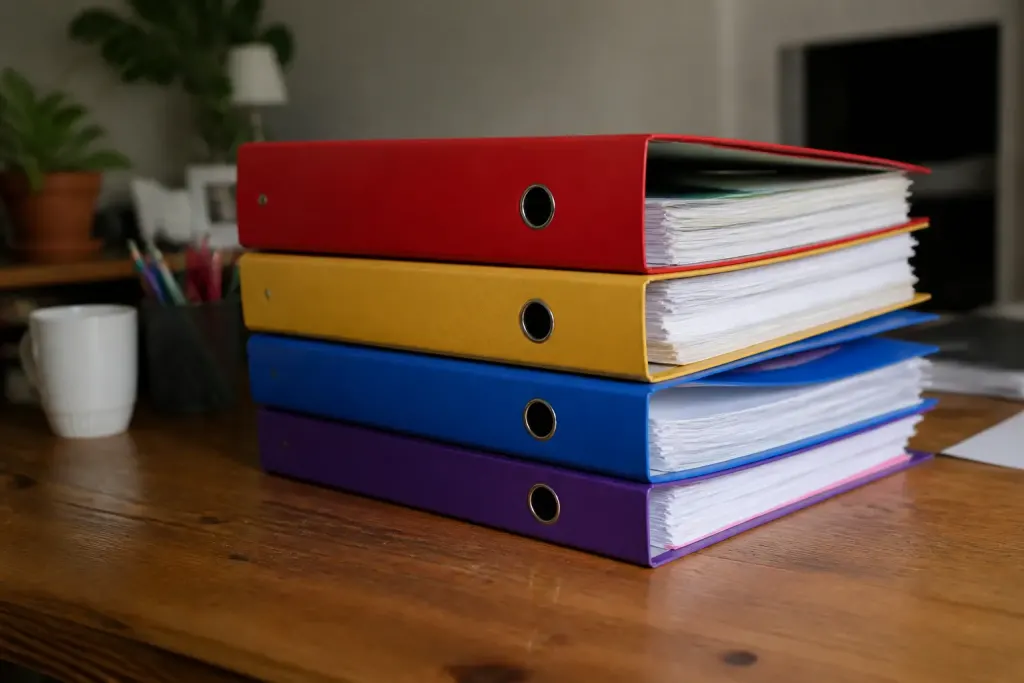 Classeurs colores empiles sur un bureau en bois