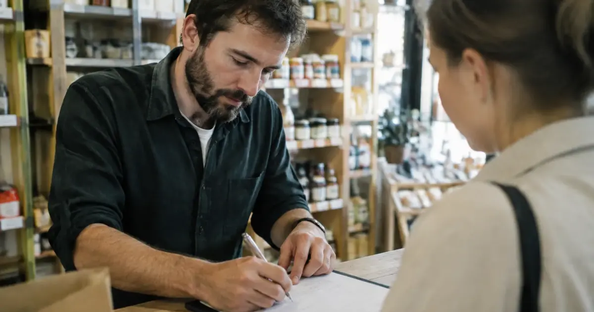 Commercant signe un contrat au comptoir de sa boutique