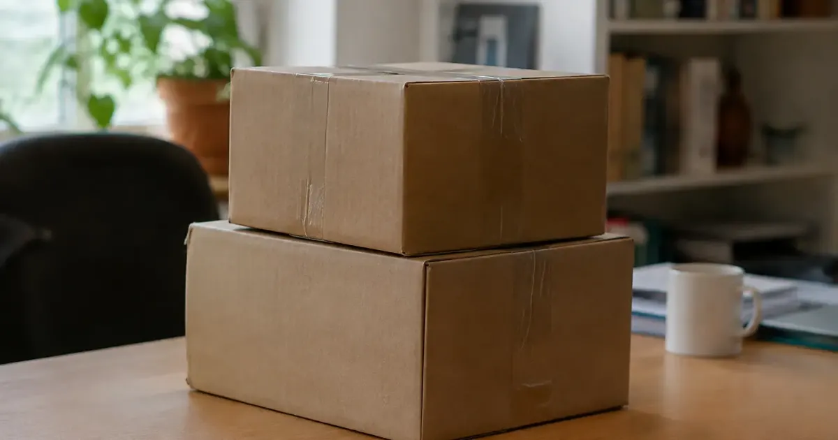 Deux boites de carton empilees sur un bureau