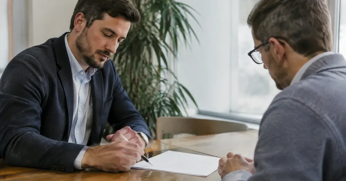 Deux hommes assis face à face signant un document