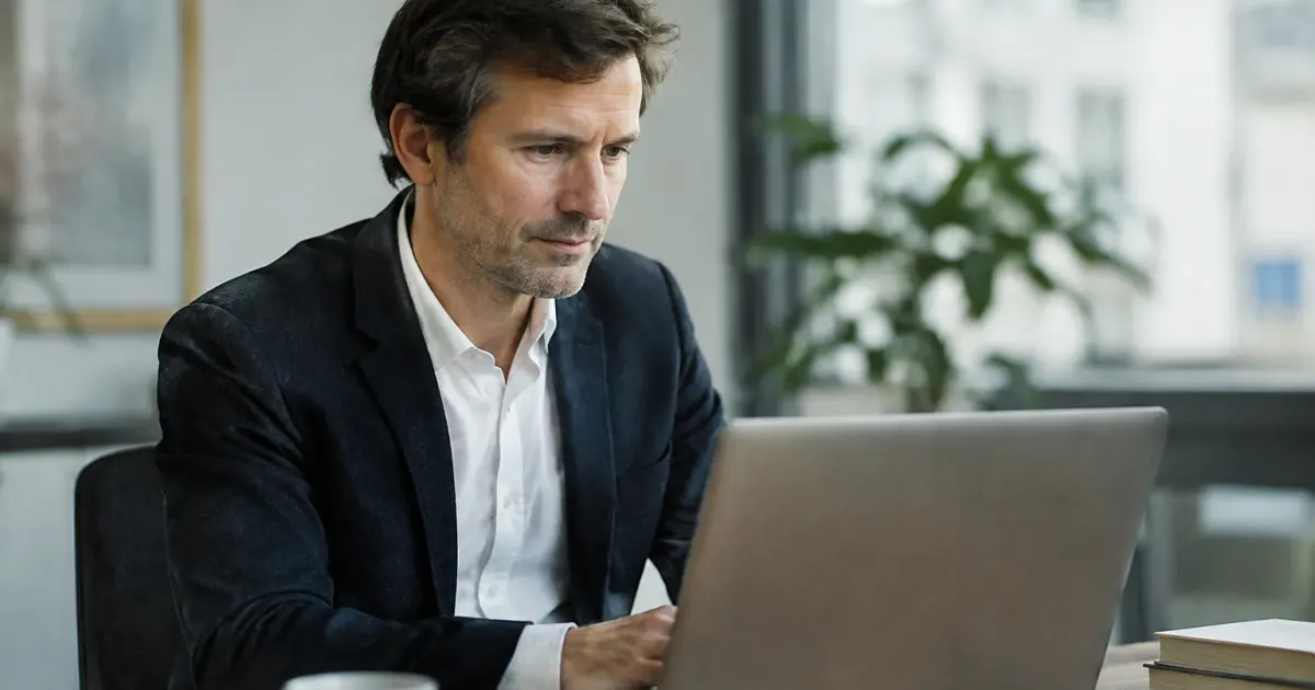 Dirigeant assis devant un ordinateur portable ouvert sur bureau
