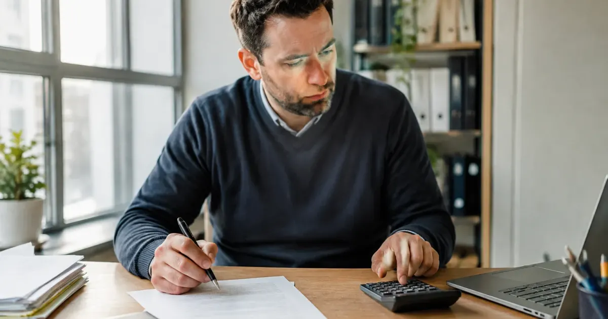 Entrepreneur assis devant un bureau avec contrats et calculatrice