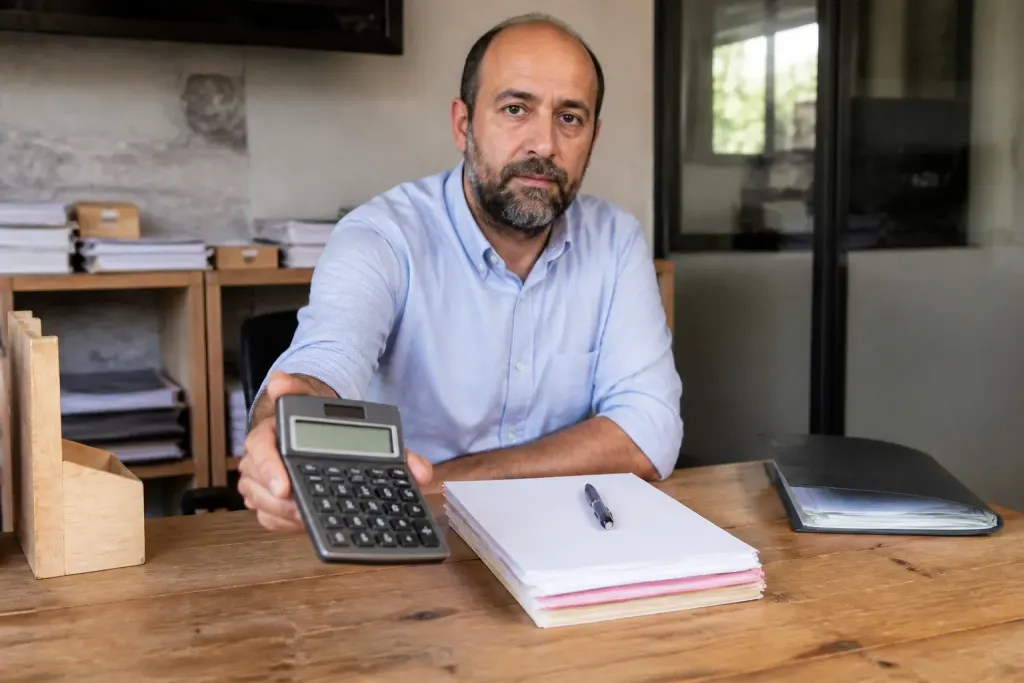 Gerant d'entreprise pointant une calculatrice sur bureau en bois
