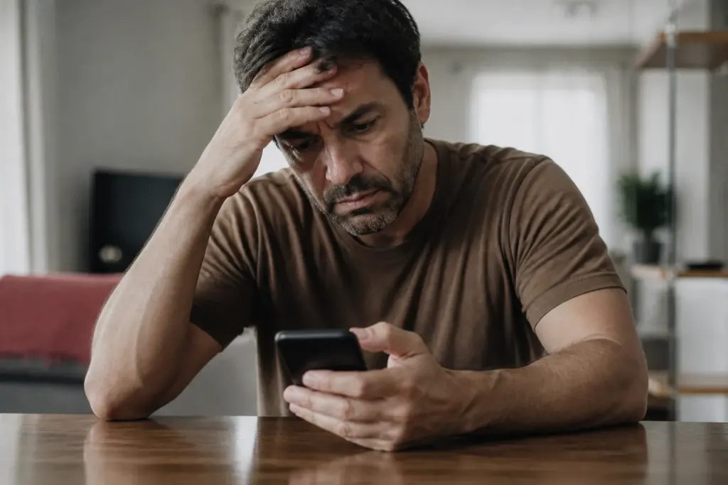 Homme inquiet regardant son smartphone sur une table