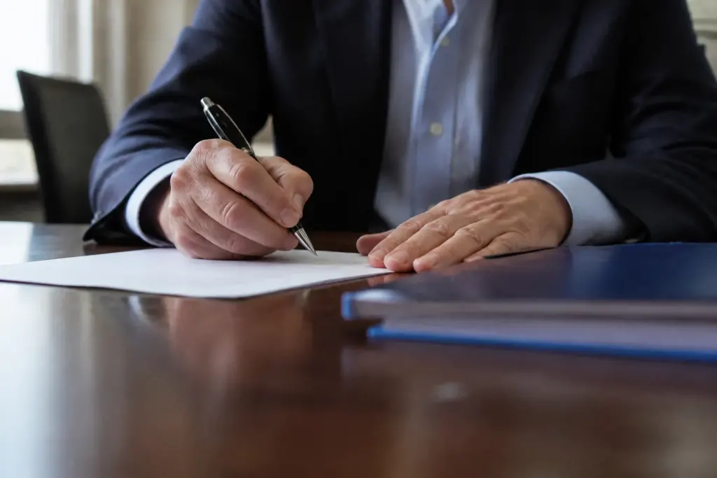 Lettre signee avec stylo et dossier sur bureau