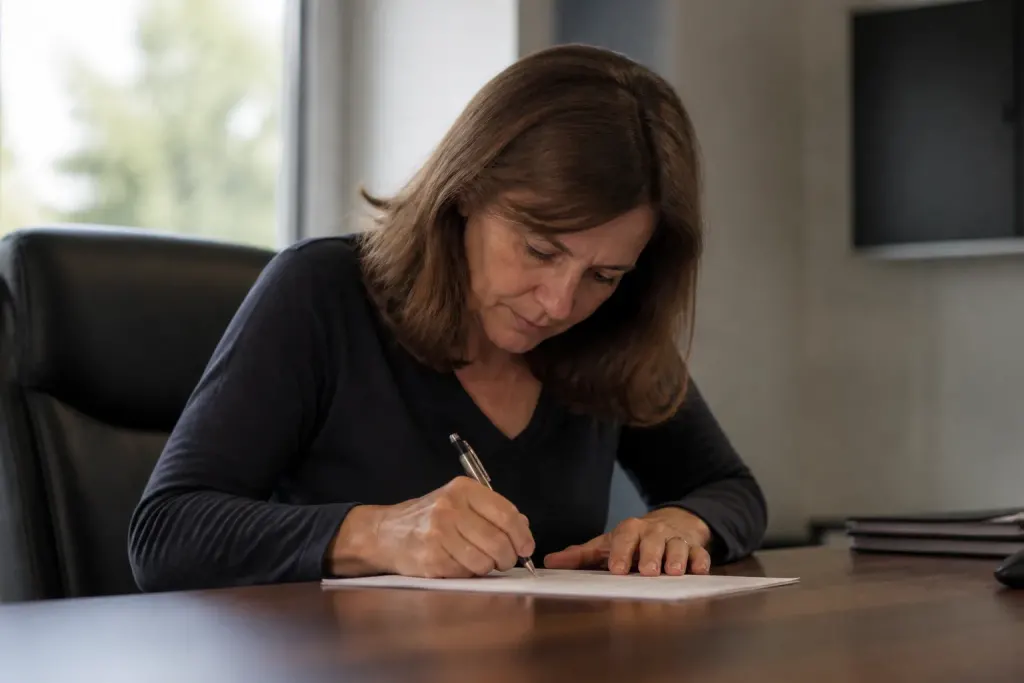 Main signant une lettre sur bureau avec stylo