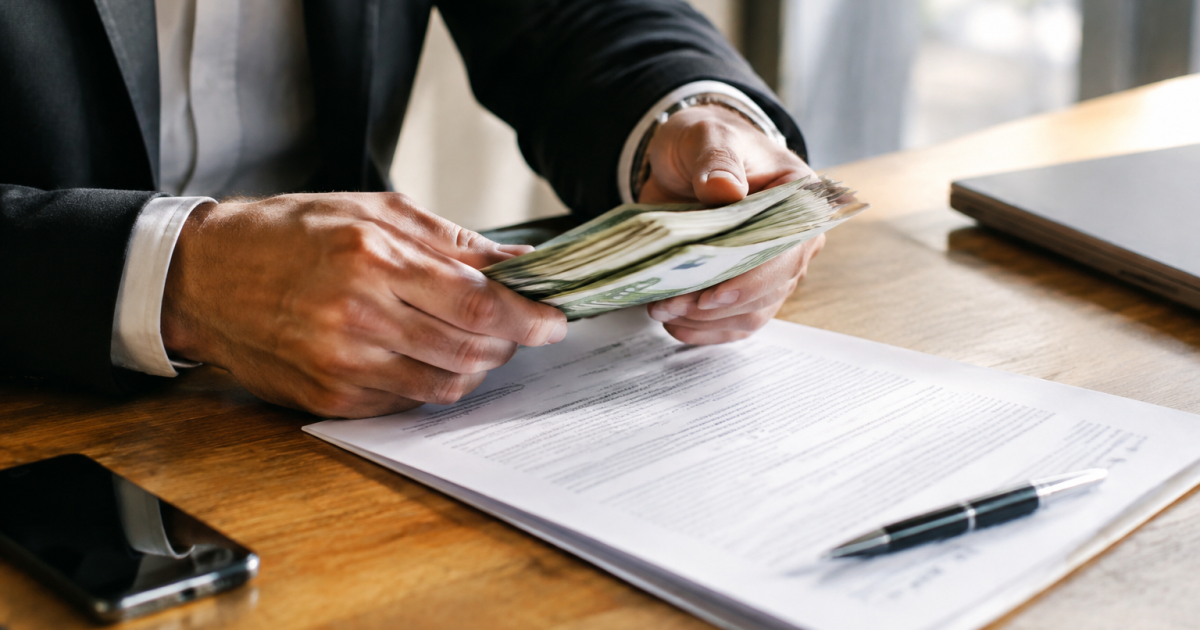 Mains comptant liasse billets pres contrat papier