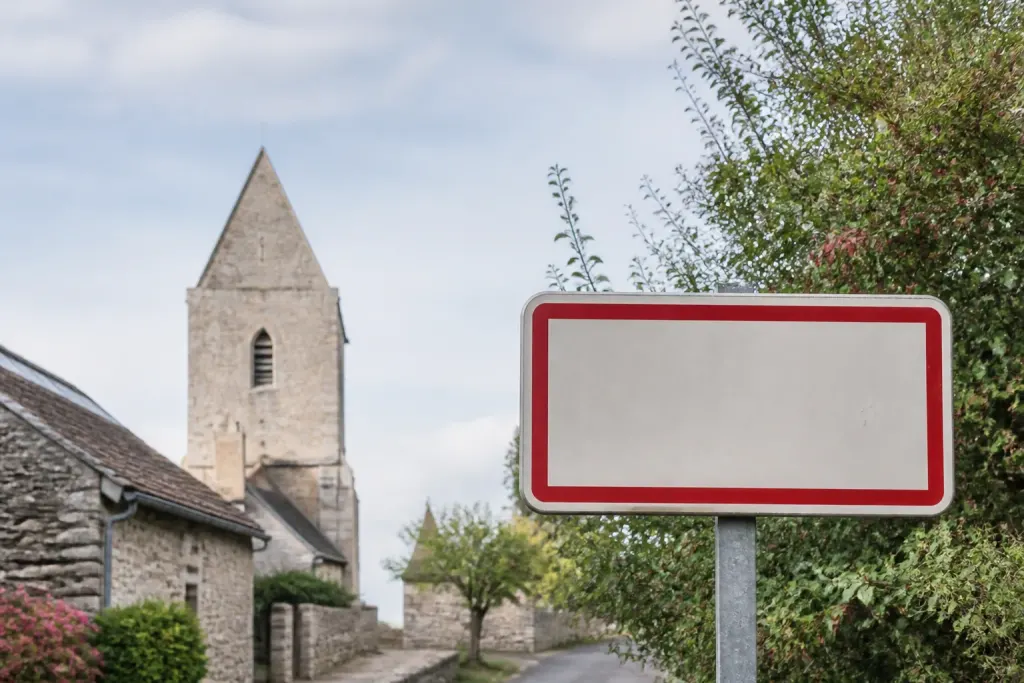 Panneau d'entree de village devant un clocher en pierre