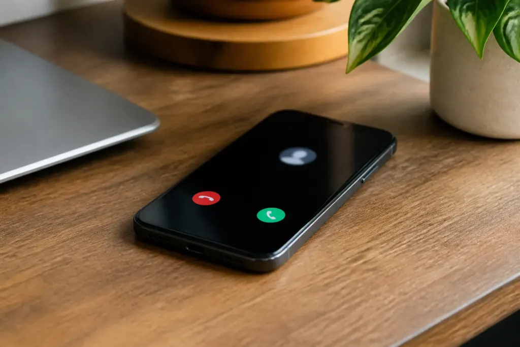 Smartphone pose sur un bureau affichant un appel entrant