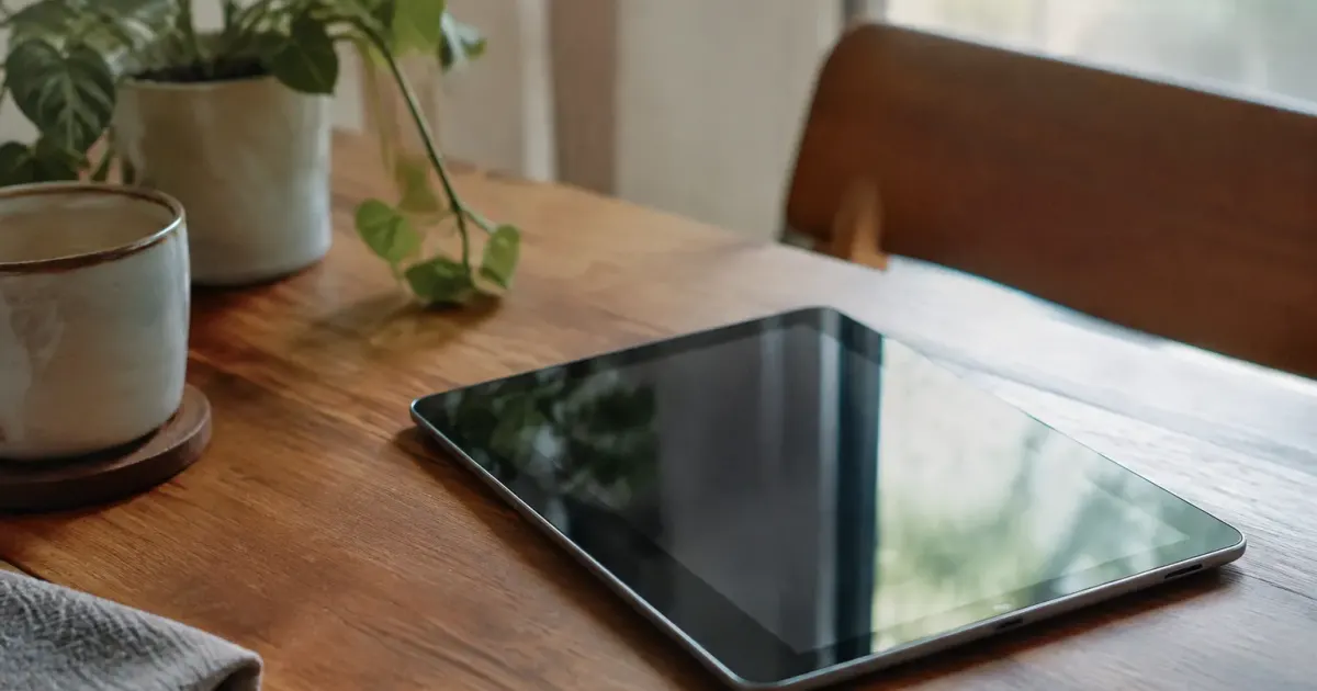 Une tablette posee sur une table en bois