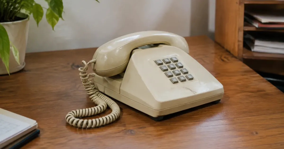 Telephone fixe beige pose sur un bureau en bois