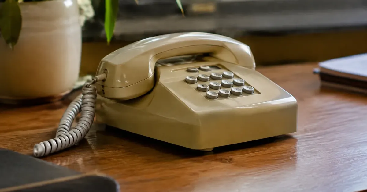 Telephone fixe beige pose sur un bureau